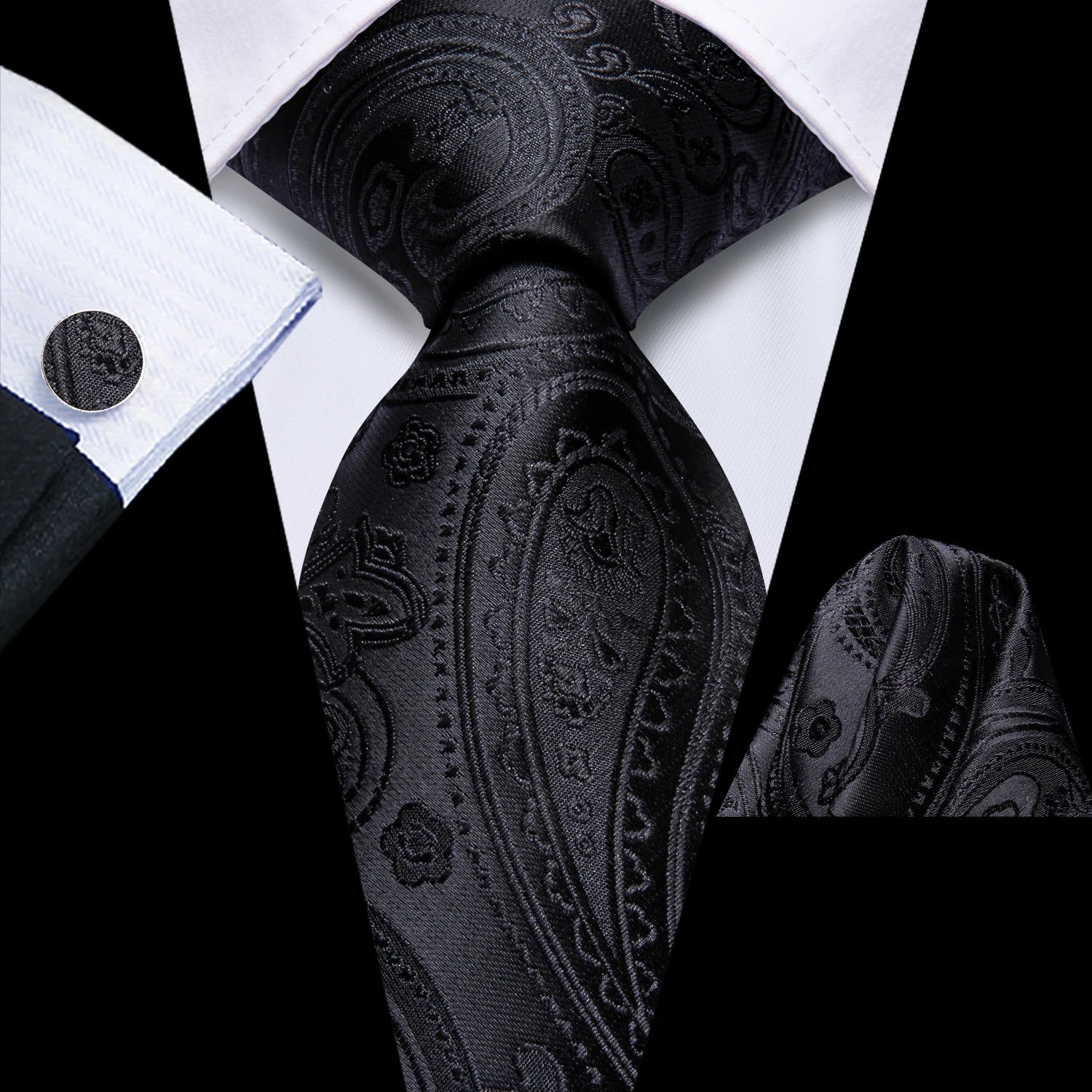 Hi-tie Extended Men's Black Luxury Textured Tie Portable Cufflinks Qme N-4062