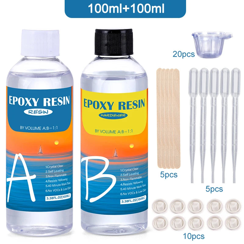 Epoxy Resin Crystal Clear Kit Easy Mix 1:1 Coating and Casting Resin for Table Top, Molds, Tumbler Crafts, Painting, Jewelry DIY Qme 100ml 100ml kit