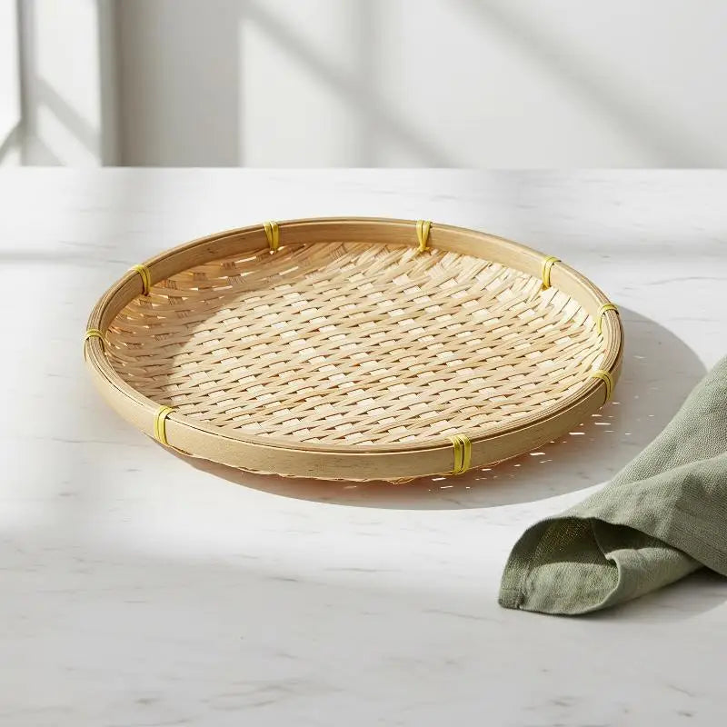 Handwoven Natural Bamboo Tray Sturdy Eco Friendly For Storage Serving Home Decor Qme