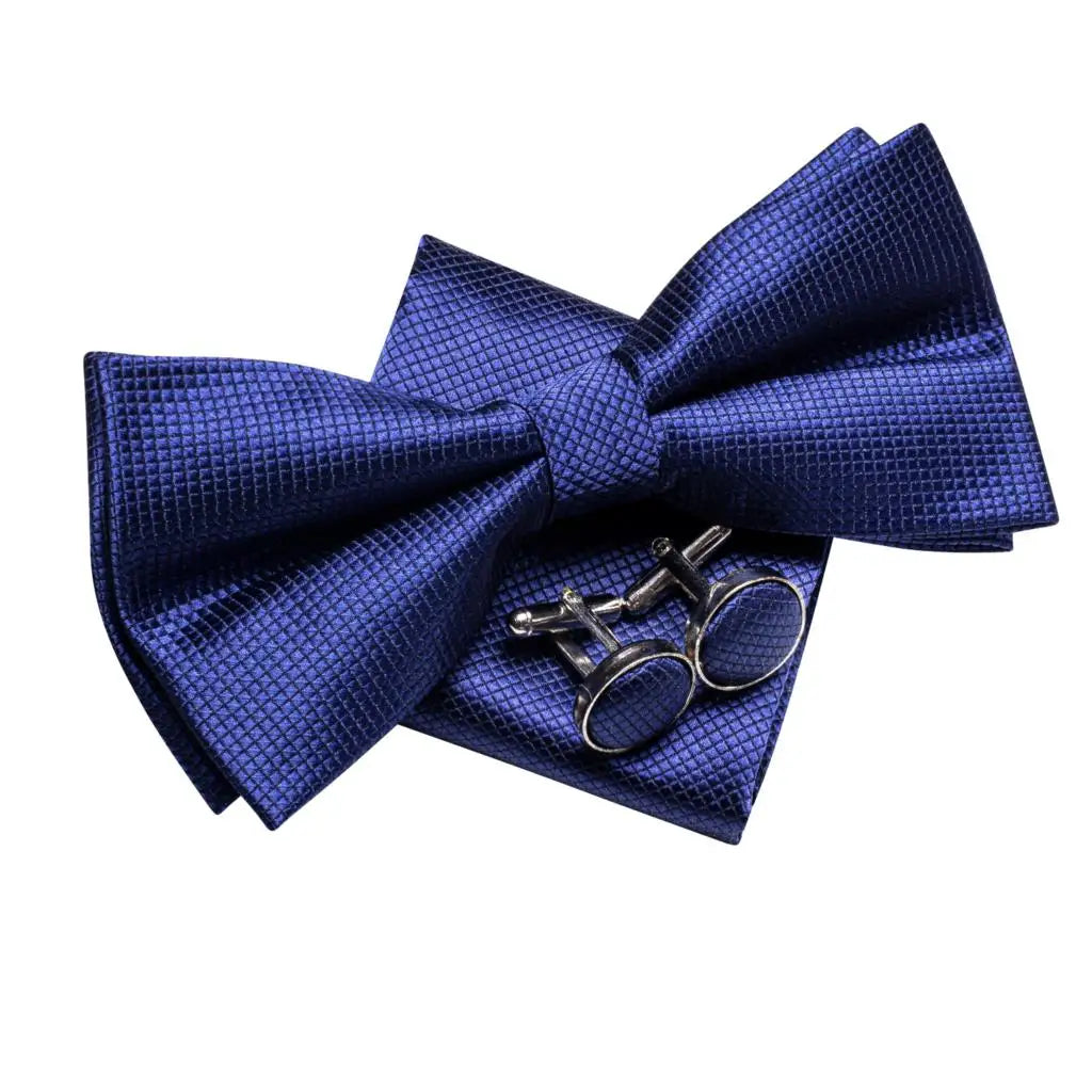 Navy Royal Sky Blue Silk Mens Bow Tie Hankerchief Cufflinks Pre-tied Qme
