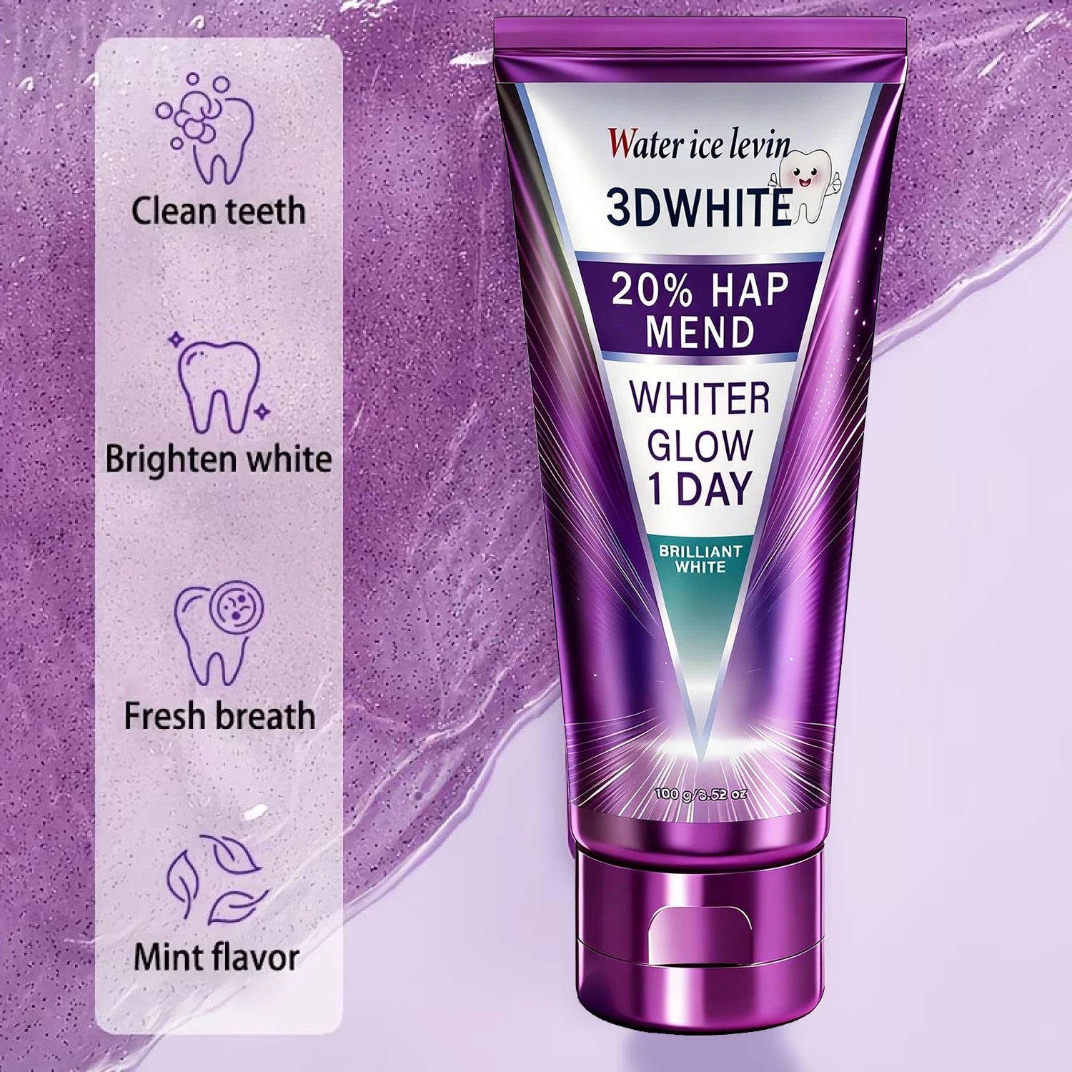 20% HAP 3D White Toothpaste - 1 Day Whiter Teeth, Deep Stain Remover, Cool Menthol for Fresh Breath & Strong Enamel Qme