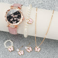 6pcs/set Fashion Butterfly Dial Women Watches Rhinestone Leather Band Quartz Watch Pearls Butterfly Jewelry Set(Without Box) Qme A No
