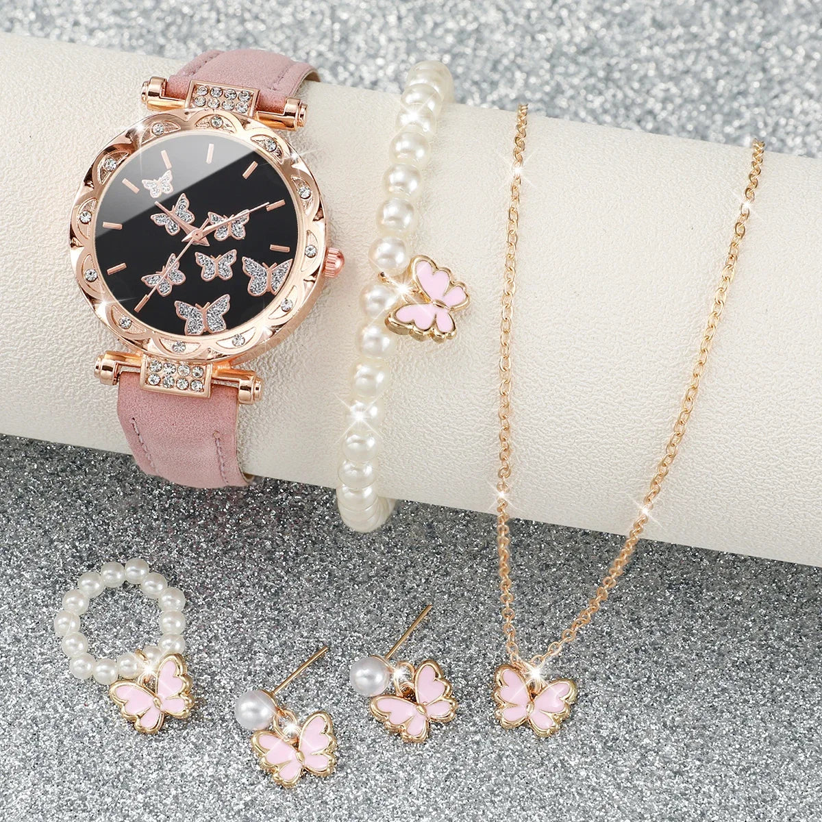 6pcs/set Fashion Butterfly Dial Women Watches Rhinestone Leather Band Quartz Watch Pearls Butterfly Jewelry Set(Without Box) Qme A No