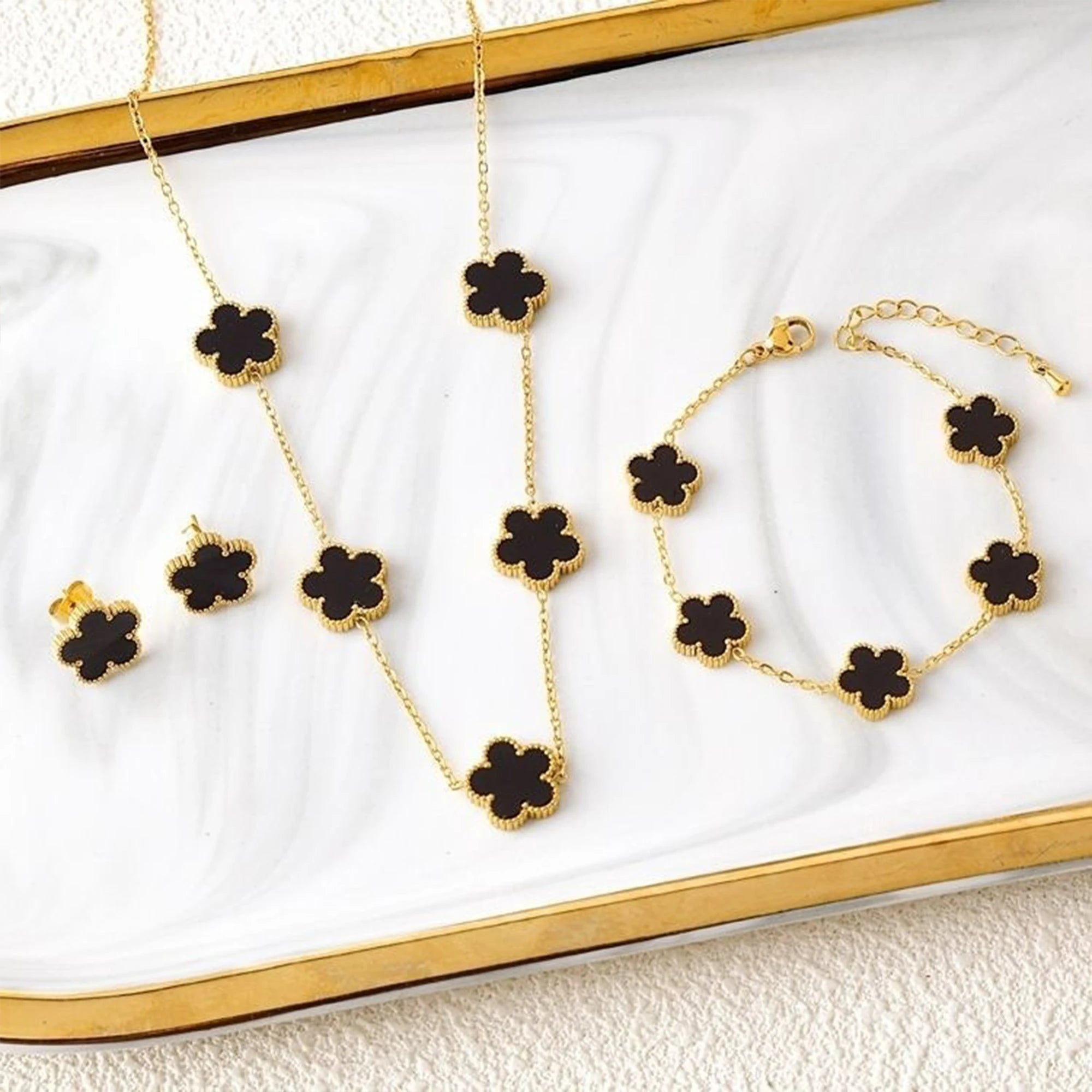 Clover Five Leaf Flower Stainless Steel Bracelet Necklace Earrings Jewelry Set Luxury for Women High Quality Party Jewelry Gift Qme 2