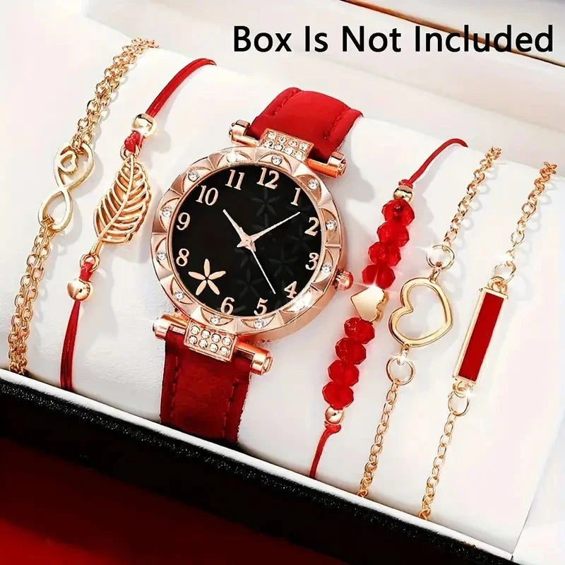 5Pcs Women Pink Suede Strap Watch Set, Floral Bezel Snowflake Dial Quartz Watch + Leaf Heart Pink Crystal Stack Bracelets Qme Pink