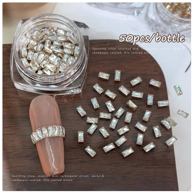 50Pcs Mini Long Strip Zircon Nail Rhinestones Super Sparkle Clear White/Champagne DIY Nail Art Decor Flat-Back 2*4MM Accessories Qme