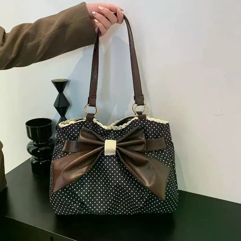 Trendy Vintage Women's Bow Handbag Y2K Casual Chic Shoulder Bag - Aesthetic Dot Underarm Streetwear All Match Lady Purse Qme