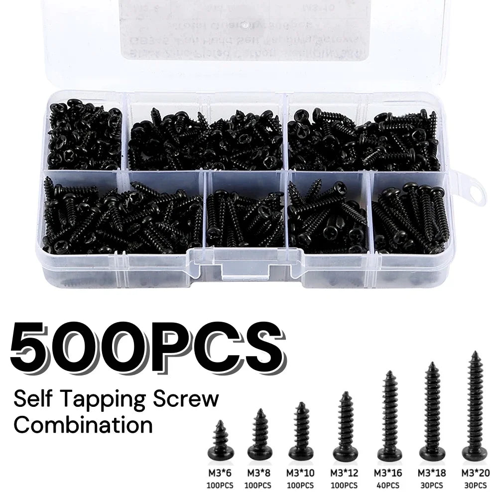 500/340/200PCS M3 Screw Cross Head M3/M4/M3.5/M4.8 Self Tapping Screw Black Carbon Steel Pan Head Round Head Screw Combination Qme Type2-500pcs