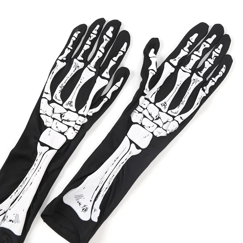 Black Punk Long Gloves Unisex Halloween Skeleton Skull Half Finger Qme