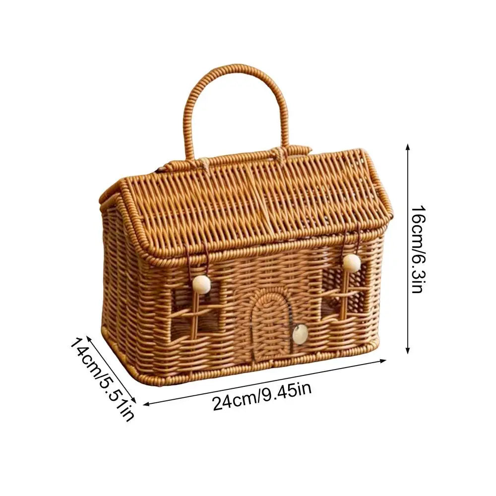 NEW Rattan Basket House Shape Portable Organizer Rattan Baskets With Lid For Organizing For Toy Toiletries Snack Fabric Camping Qme B with door