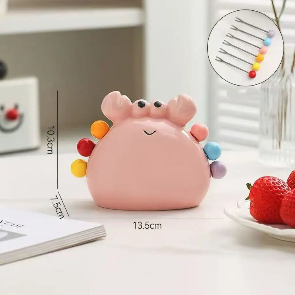 Cute Crab Shape Stainless Steel Fruit Fork Ceramic Storage Jar Safe Qme pink