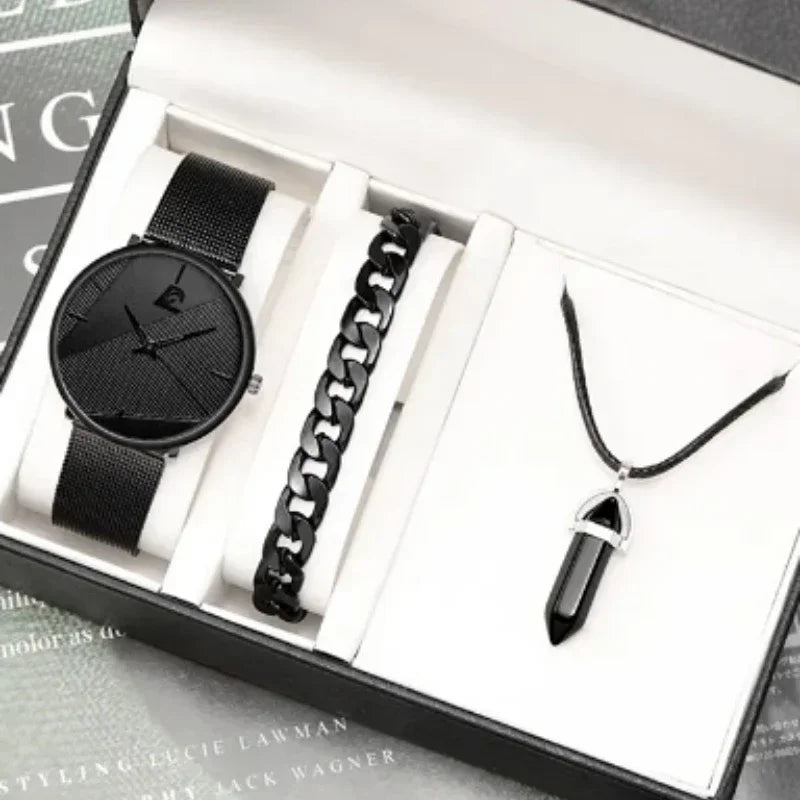 3PCS Set Minimalism Fashion Mens Watches Simple Men Business Mesh Belt Quartz Watch Male Casual Necklace Bracelet Wristwatch Qme
