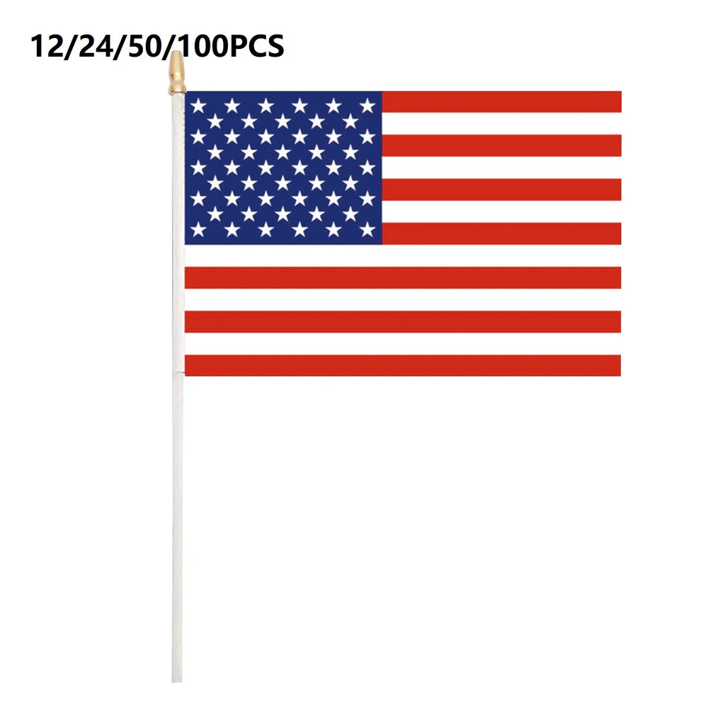 Polyester American Flag with Gold Tip Pointed Plastic Pole Small US Hand Flag for Patriotic Parades and Celebrations Qme