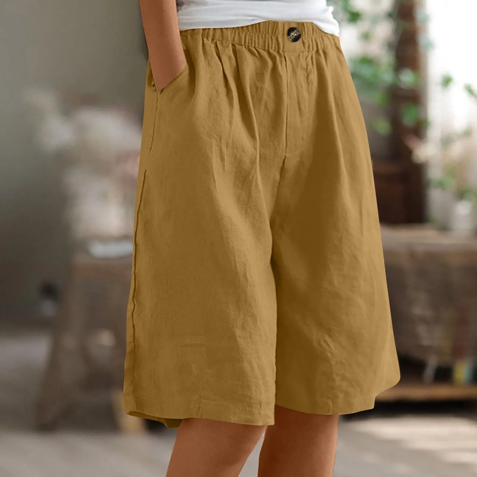 Female Fashion Solid Color Elastic High Waist Pocket Button Up Loose Cotton Linen Five Length Shorts Summer Soft Comfort Pants Qme Earthy Yellow S