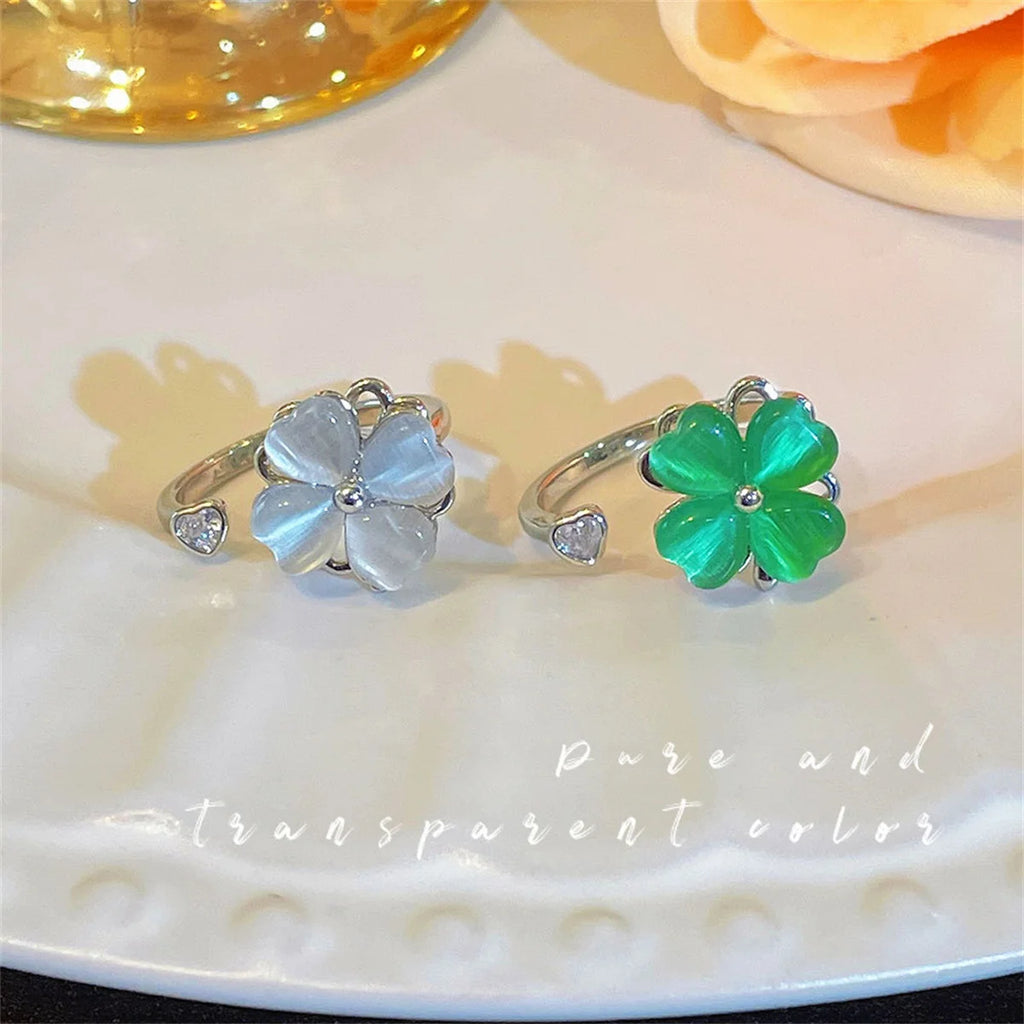 Cute Romantic Purple Four Leaf Zircon Flower Adjustable Rings for Women New Charm Gold Color Stainless Steel Finger Jewelry Gift Qme