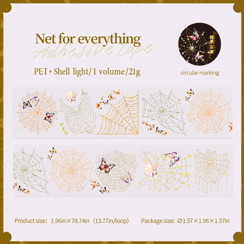 Spider Web Shell Shimmer Tape, Dark Gothic Decorative Material, Multi‑Functional Tape for Journals, Scene Creation & Decoration Qme A