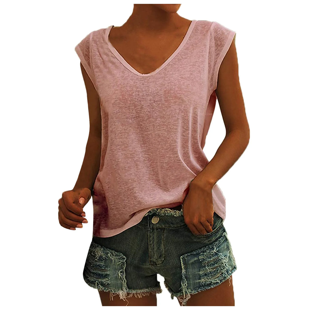 Women's Solid Color Minimalist Fashionable V-Neck Sleeveless T-Shirt Casual And Versatile Loose Summer Basics Street Tank Tops Qme