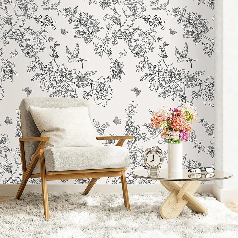 Black White DIY Floral Wallpaper Peel Stick Contact Paper Flowers Qme