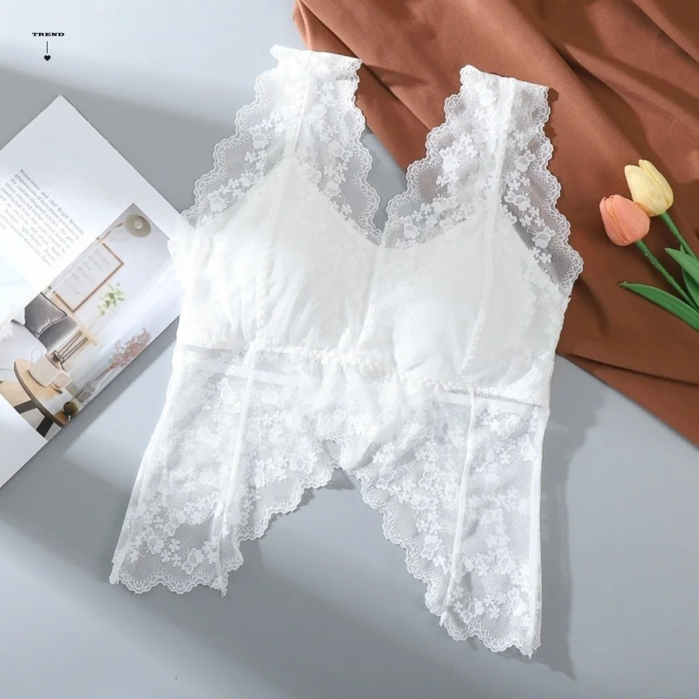 Spicy Girl Style Hollow Lace Camisole Transparent V Neck Crop Tops Tanks Ruffled Butterfly Undershirt Vest Spring Summer Qme