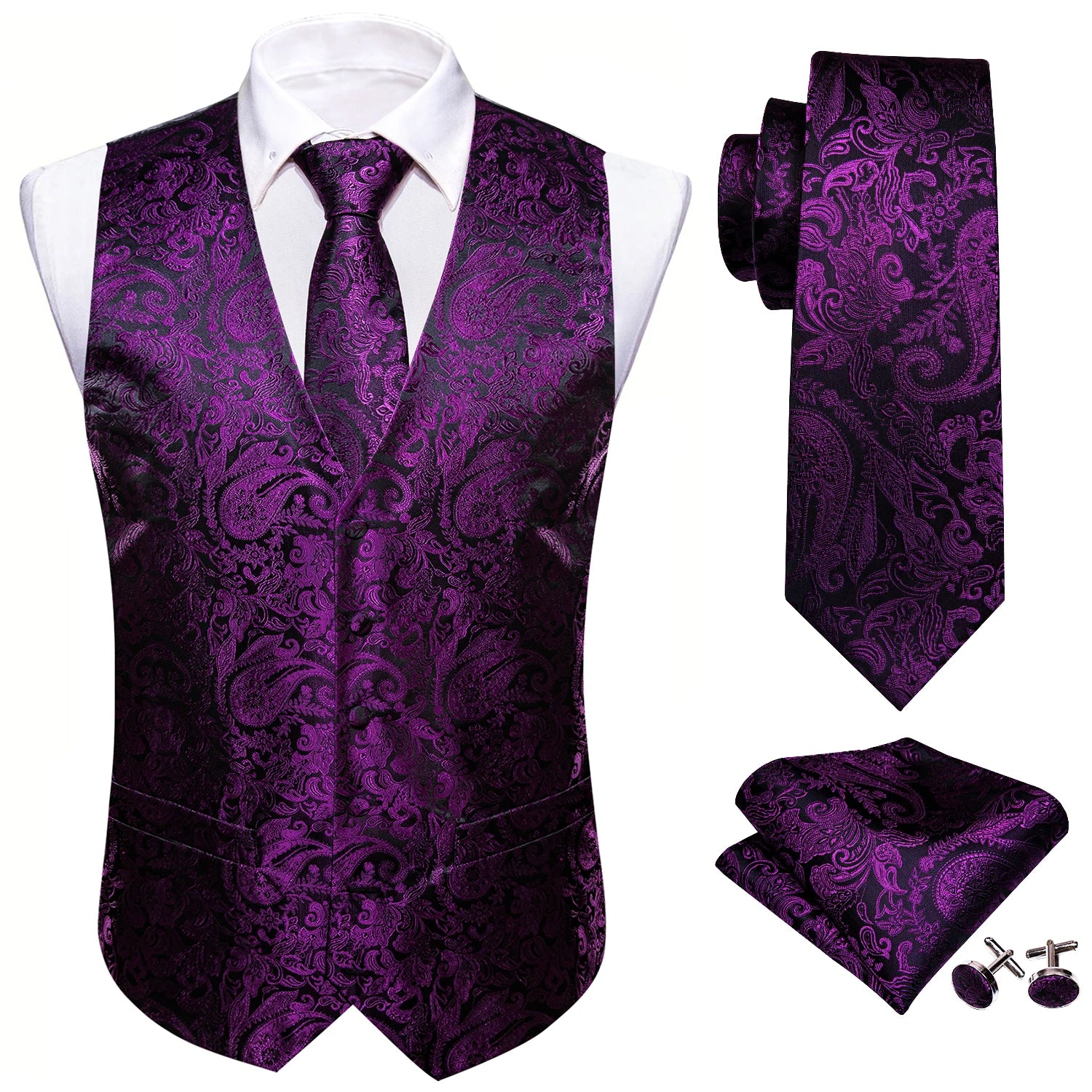 Men's Purple Green Vest & Tie Hanky Cufflinks Set – Formal Paisley Plaids Waistcoat for Weddings Events Party Gift Qme MJTZ2020 S
