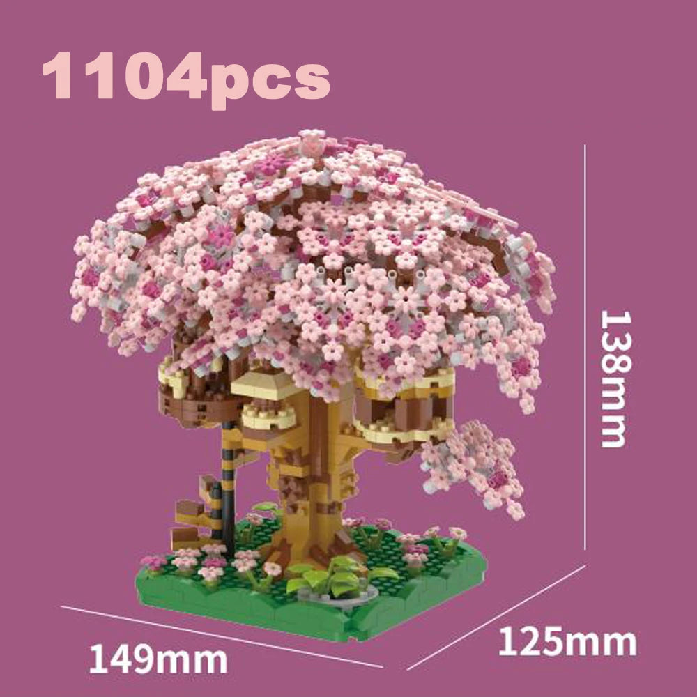 DIY Discoloration Cherry Blossom Flower Pink Tree House Train Assembly Building Blocks Classic Model Bricks Sets Kid Boy Girl Qme Pink-Small