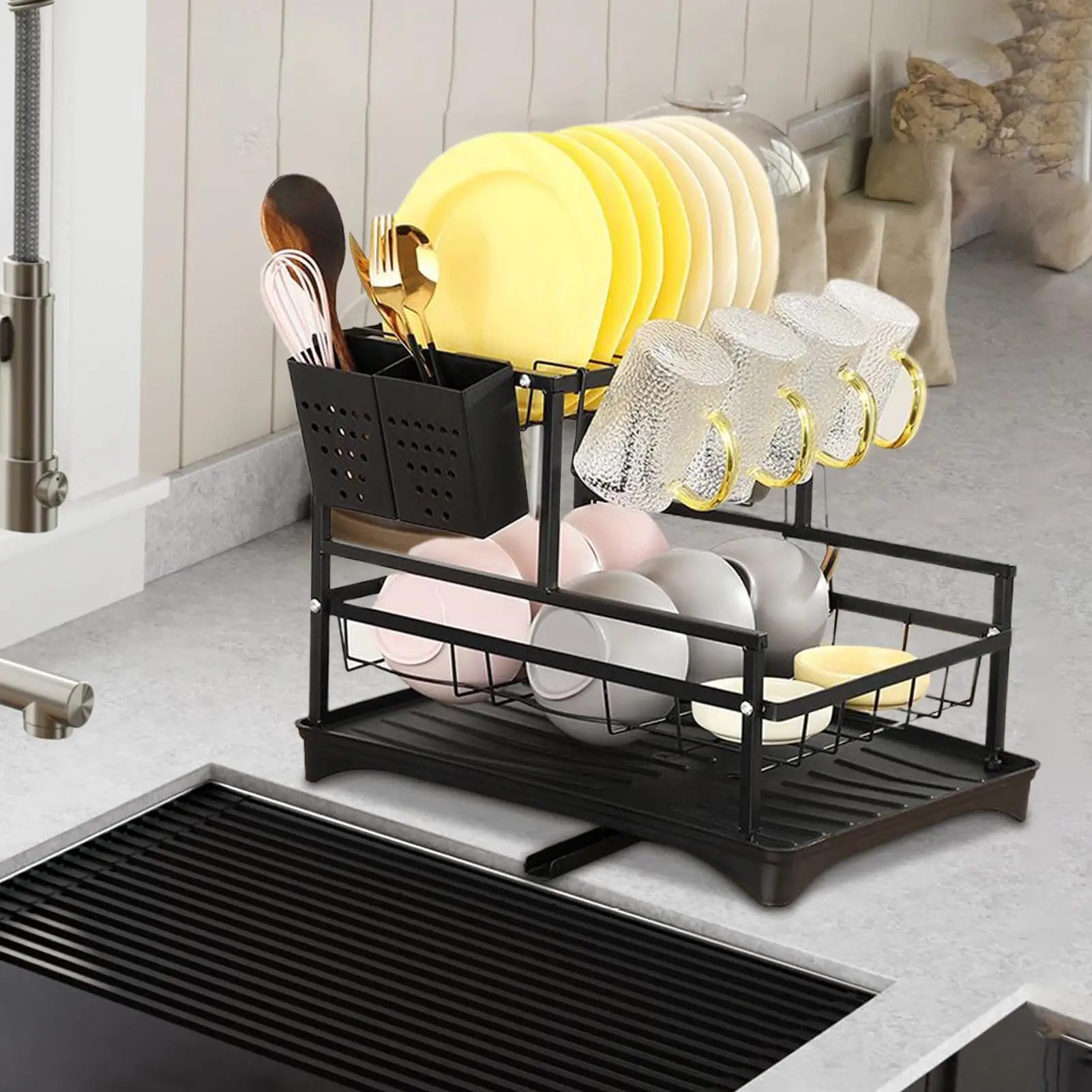 Kitchen Dish Drying Rack 2-Tier Plate Storage Pot Lid Drainer Qme