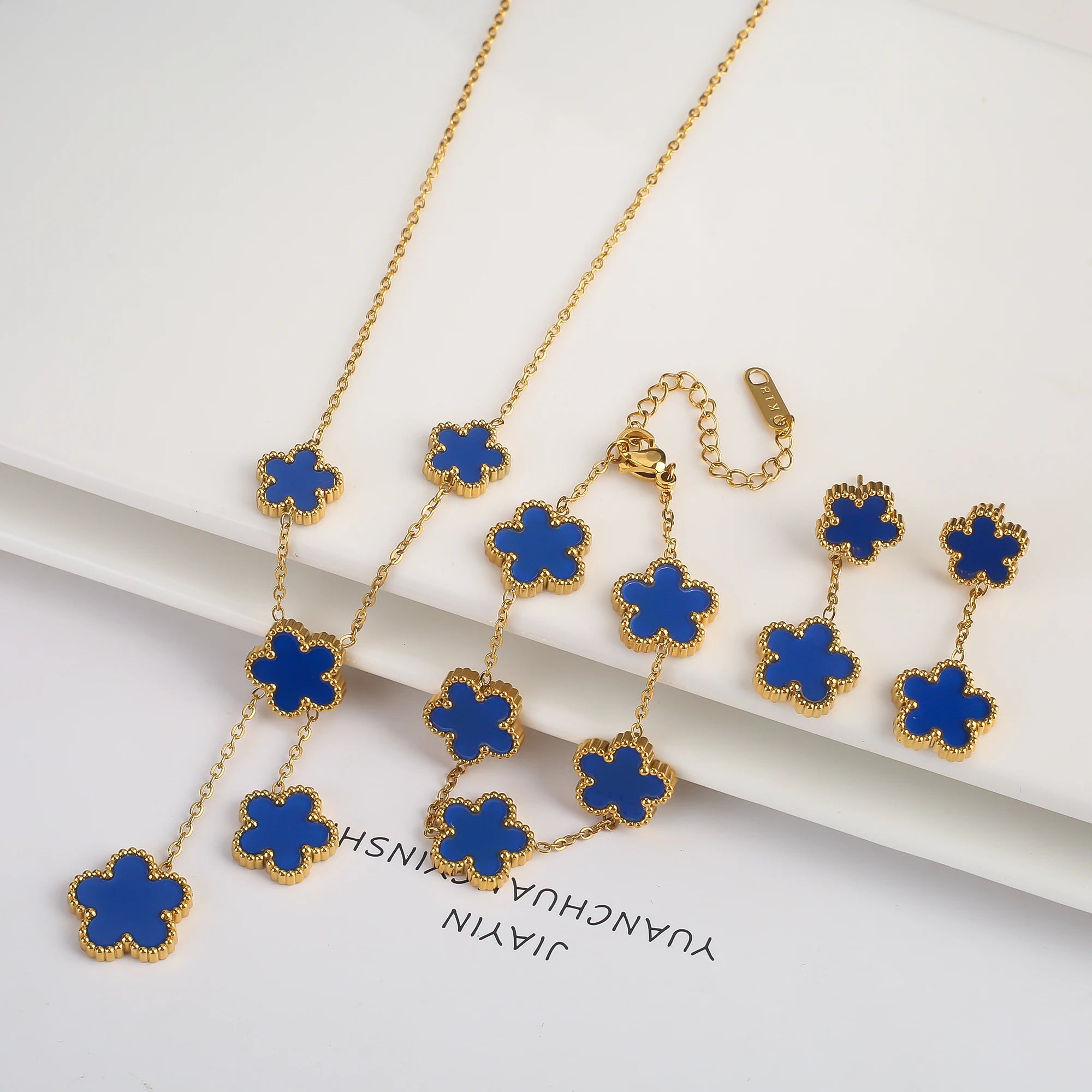 Clover Five Leaf Flower Stainless Steel Bracelet Necklace Earrings Jewelry Set Luxury for Women High Quality Party Jewelry Gift Qme 16