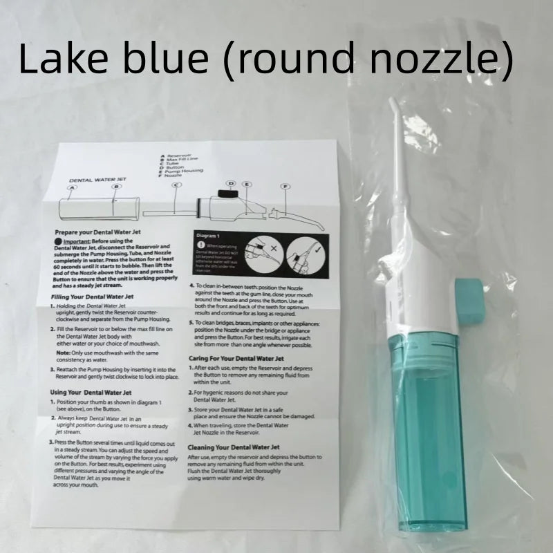 Manual Pressure Portable Dental Cleaner Water Jet Floss Tooth Pick Jet Tip Teeth Cleaning Dental Stone Remover Qme Lake blue round