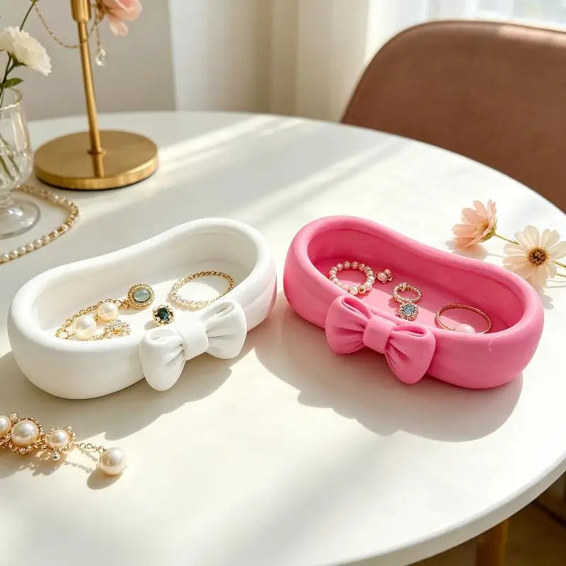 Cute Bow Decor Large Capacity Jewelry Storage Tray Smooth Vanity Dish Qme