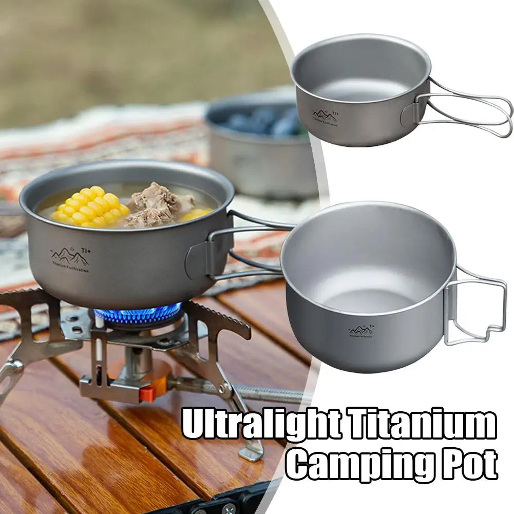 1pcs Ultralight Titanium Coating Pot Portable Cookware with Handle for Backpacking Hiking Outdoor Cooking Equipment Qme