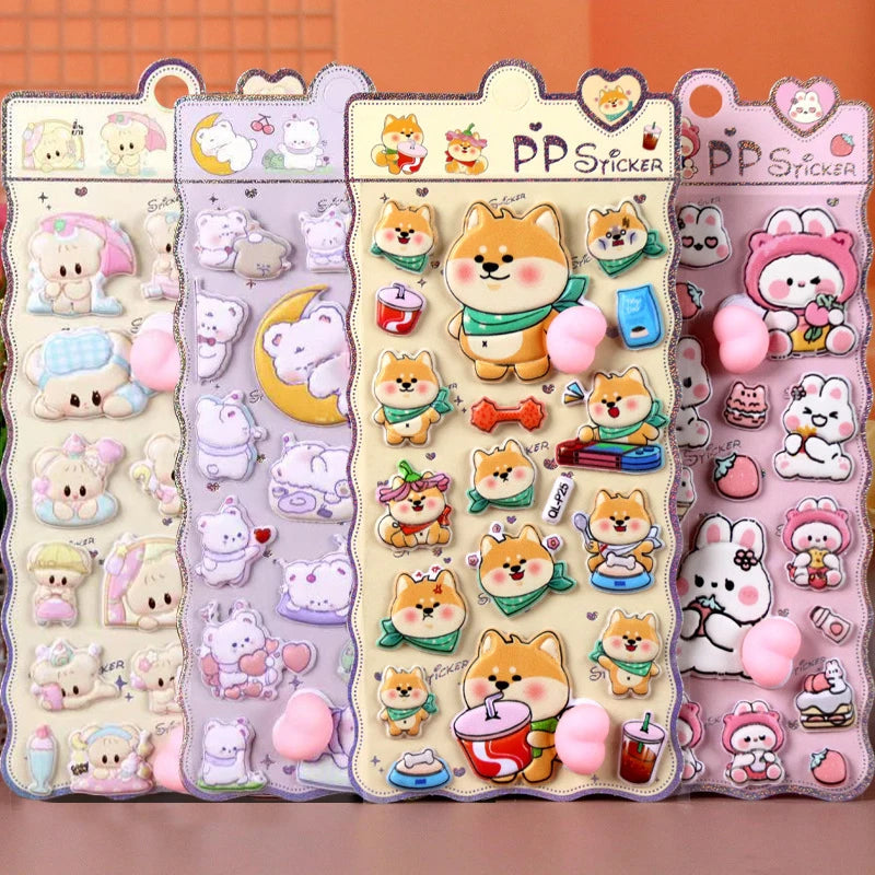 1Pc Cute Soft 3D PP Stress Relief Cartoon Stickers Rabbit Bear Dog Theme For DIY Scrapbook Cup Notebook Decoration Gift Qme
