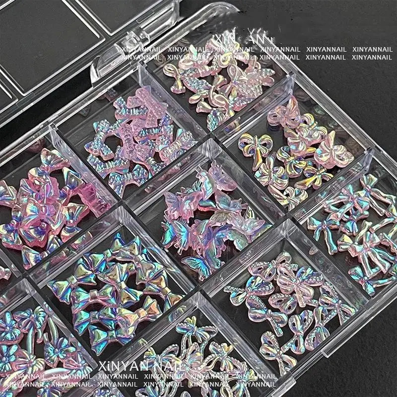120 Iridescent Aurora Bow Nail Charms Clear Storage Box Perfect DIY Qme