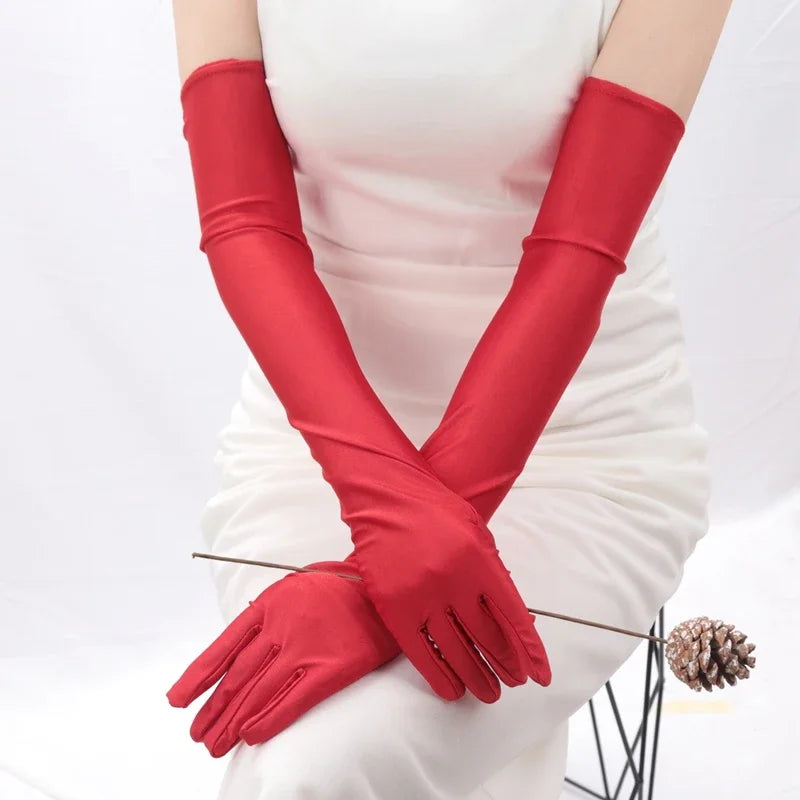 Women's Mittens Long Gloves Classic Adult Black White Red Opera Elbow Qme Red length 52cm