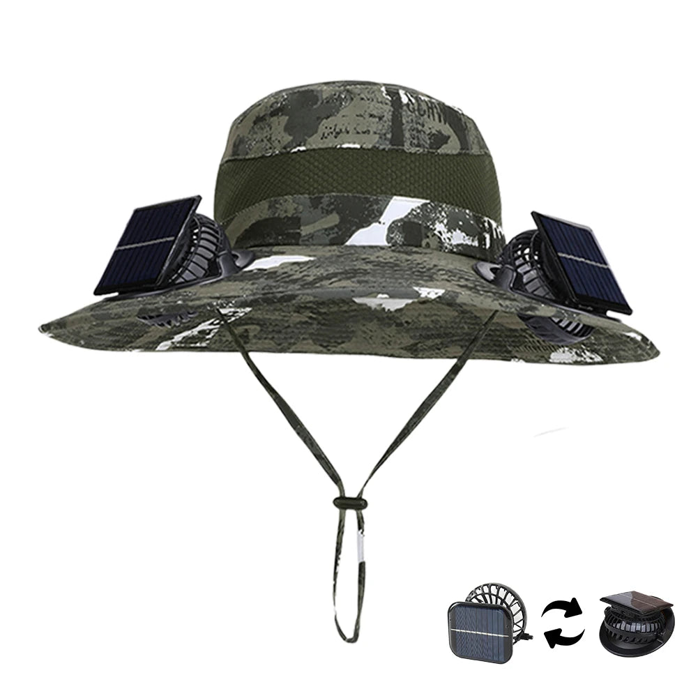 For Outdoor Camping Fishing Hiking Sunscreen Fisherman Hat Solar Fan Cap Portable Solar Charging Cap with Fan Suitable Qme Retro green Camoufla