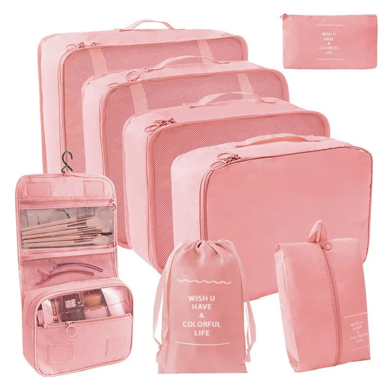 Portable Travel Organizer Storage Bags Set Suitcase Packing Cubes Set Cases Portable Luggage Clothes Shoe Tidy Pouch Folding Bag Qme 8 PCS Pink
