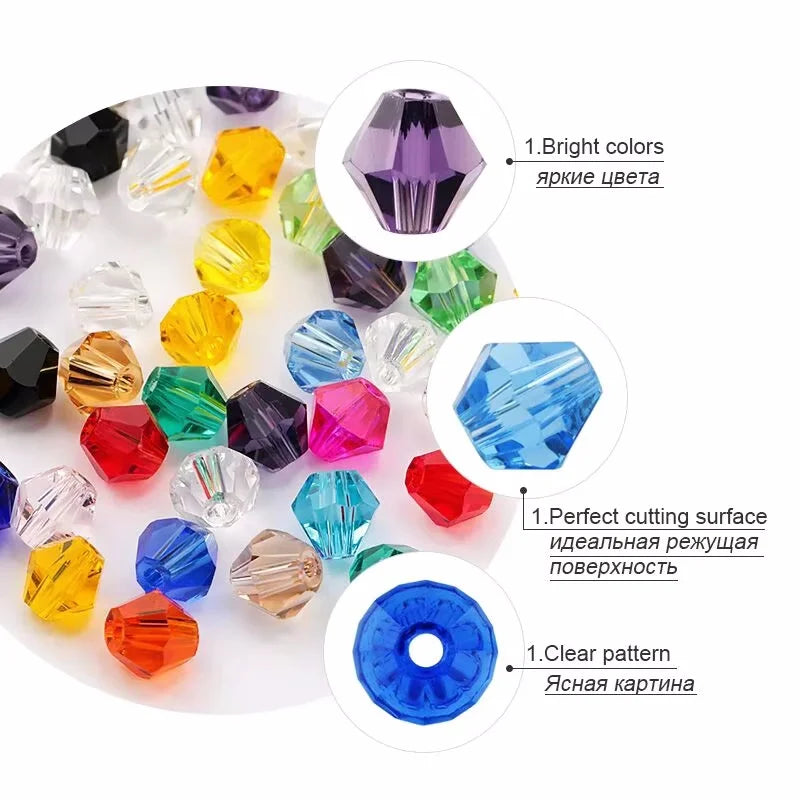 4mm Crystal Bicone Beads 100PCS Faceted Glass Beads Rainbow Loose Craft Beads for Bracelet Necklace Earring Keychain Making DIY Qme