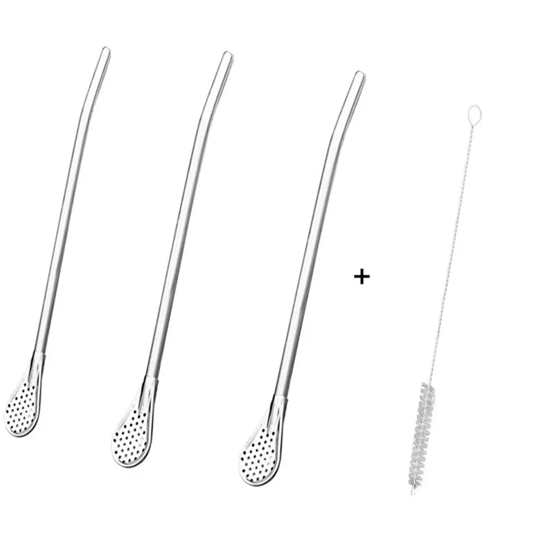 Stainless Steel Drinking Straw Spoon Tea Filter Detachable Reusable Metal Straws with Brush Drinkware Bar Party Tool Accessories Qme 3PCS