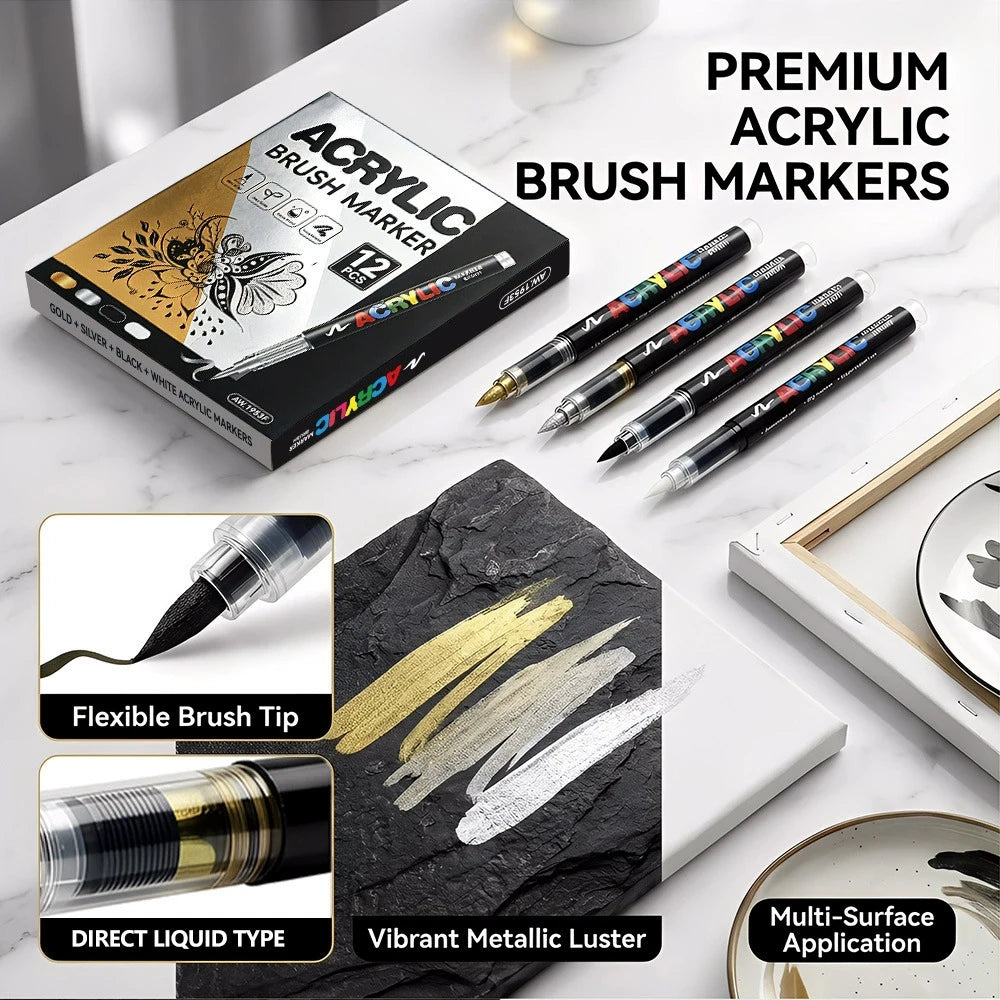 12 Colors Acrylic Paint Pen Set Black/White/Gold/Silver Acrylic Highlights Markers Brush Tip Markers for Wood Rock Painting Gift Qme