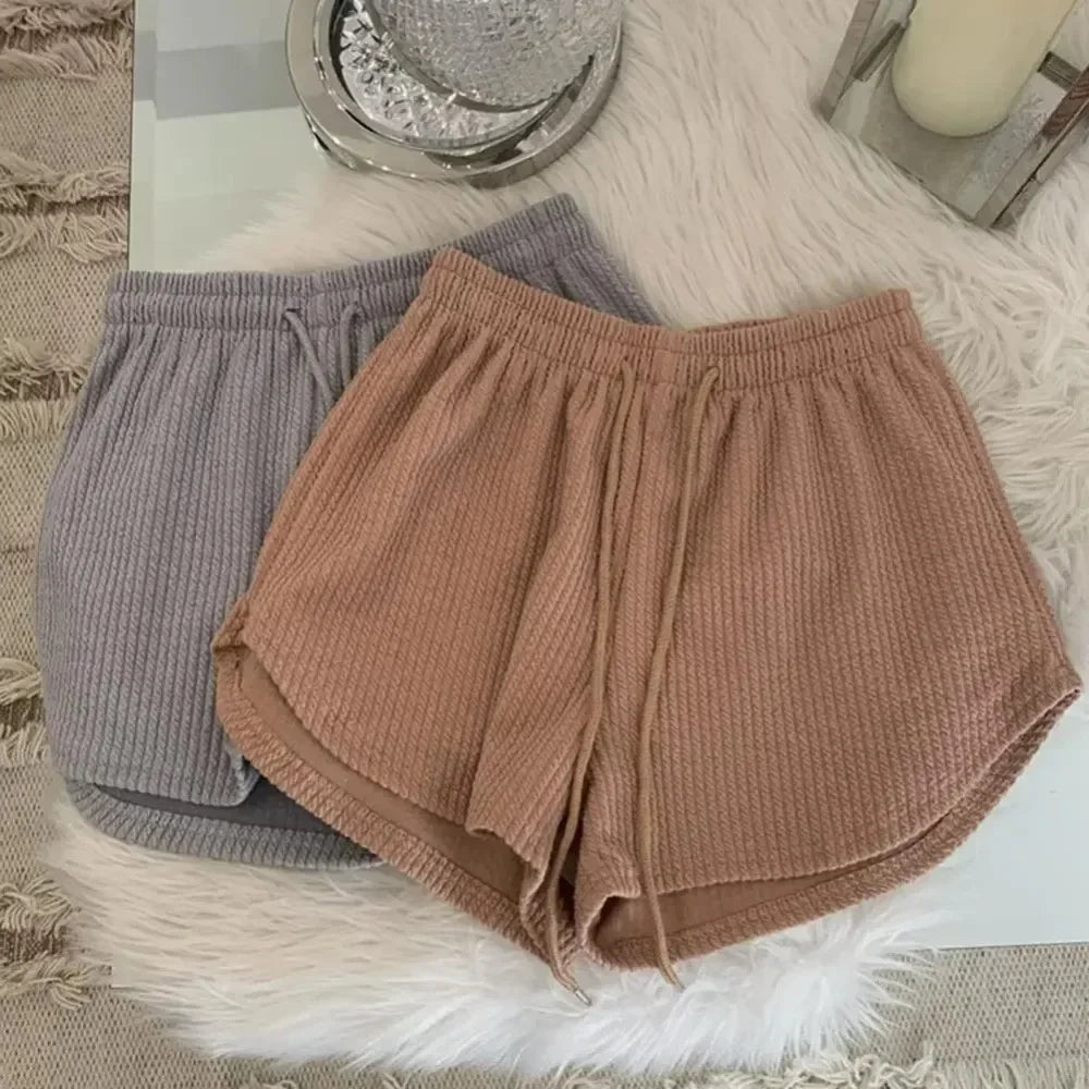 Women Shorts Summer High Elastic Lace Up Drawstring Wide Leg Sweat Short Fitness Pants Loose Fit Comfortable Spring Season Qme