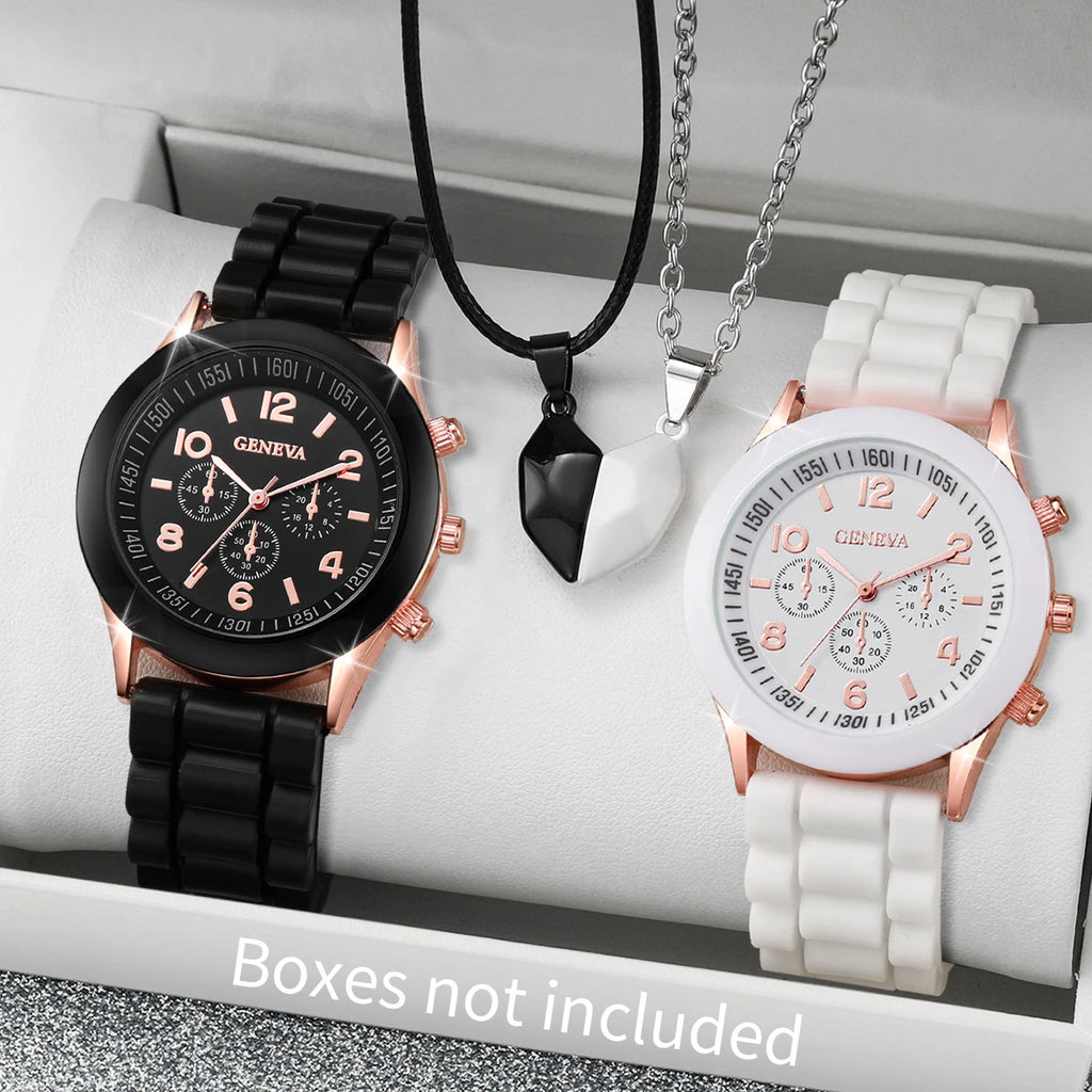 4 Pcs Fashion Couple Watches Casual Set Female Silicone Bracelet Male Wrist Watch Quartz Watch Female (Without Box) Qme black