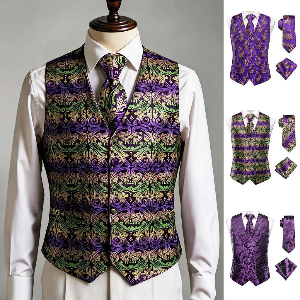 Purple Men Vest Three-Piece Suit Set, Dress Waistcoat with Tie and Pocket Square for Party Ceremony Qme