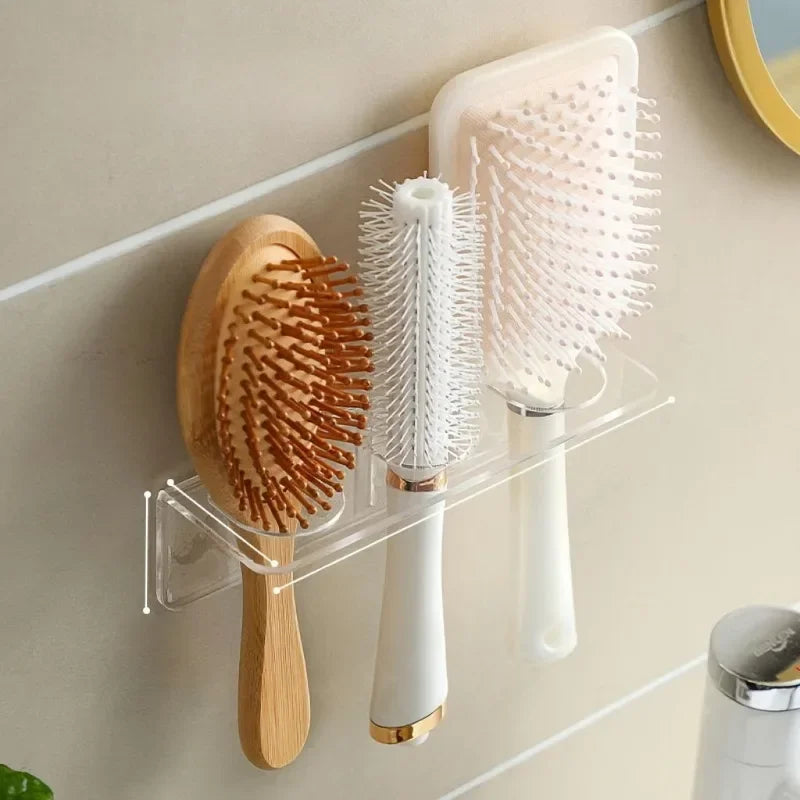 1pc Wall-Mounted Acrylic Hair Brush Holder – Clear Plastic Bathroom Organizer | No-Drill Vanity Storage Rack | Holds Combs Qme