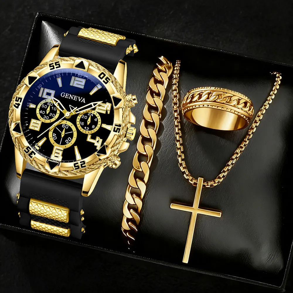 Geneva Black Gold Tape Three Eye Men's Sports Watch Cuban Bracelet Cross Necklace Fried Dough Twists Ring Set of Four Qme 4PCS Black Set