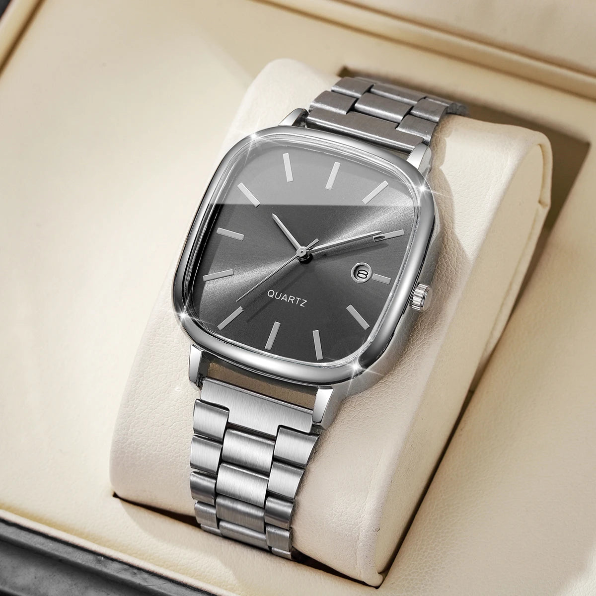 Steel strap watch, retro silver square watch, calendar, high-end feel, men's and women's commuting watch Qme Silver Black No Box