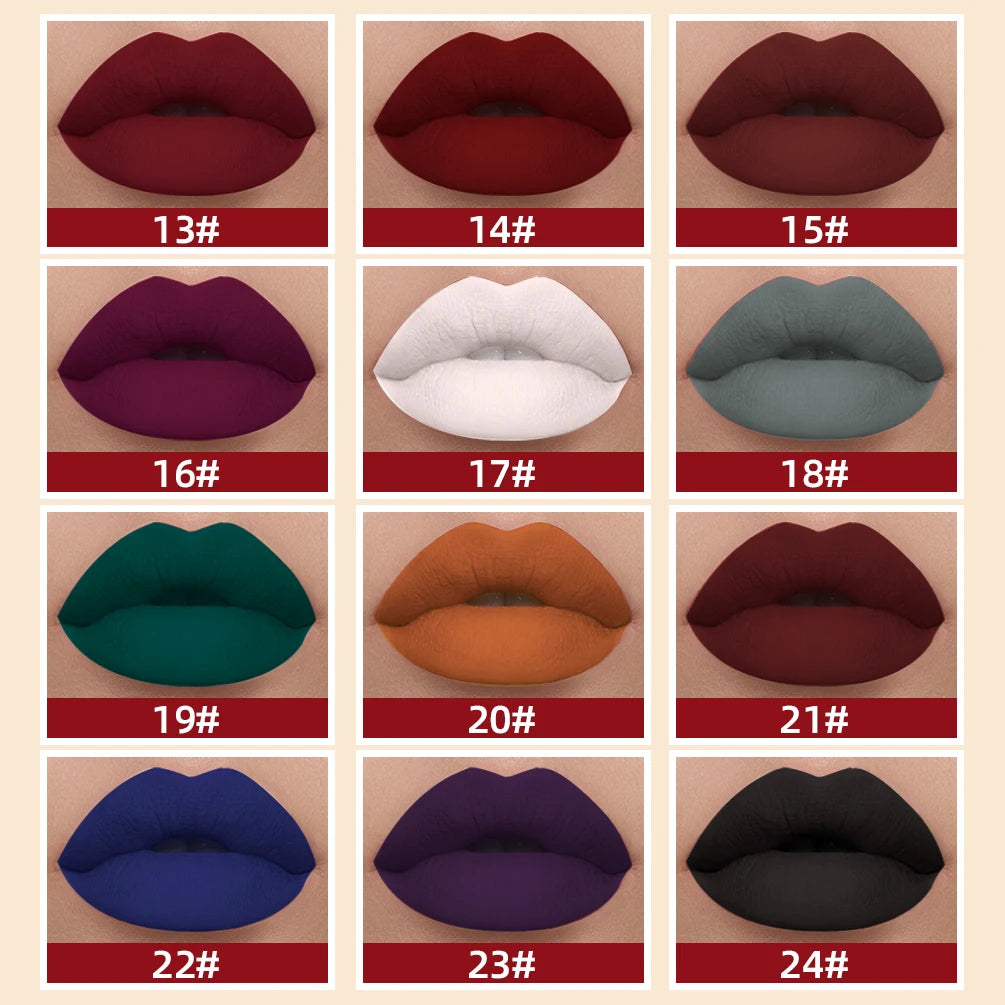 QIBEST Liquid Lipstick Waterproof Velvet Nude Matte Sexy Red Lip Gloss Long Lasting Nonstick Lip Stain Makeup 24 Colors Hots Qme