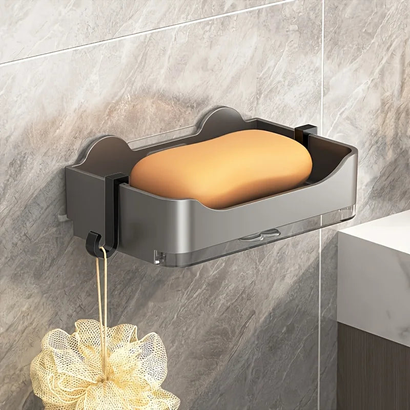 Wall-Mounted Soap Dish Holder, No-Drill Double Layer Soap Drainer Box, Space-Saving Kitchen Sink Organizer Qme Grey