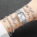 6Pcs/Set Women's Silver Jewelry Watch Set, Square Quartz Watch + 5 Pcs Crystal Bracelets, Elegant Fashion Style Qme Silver White No Box