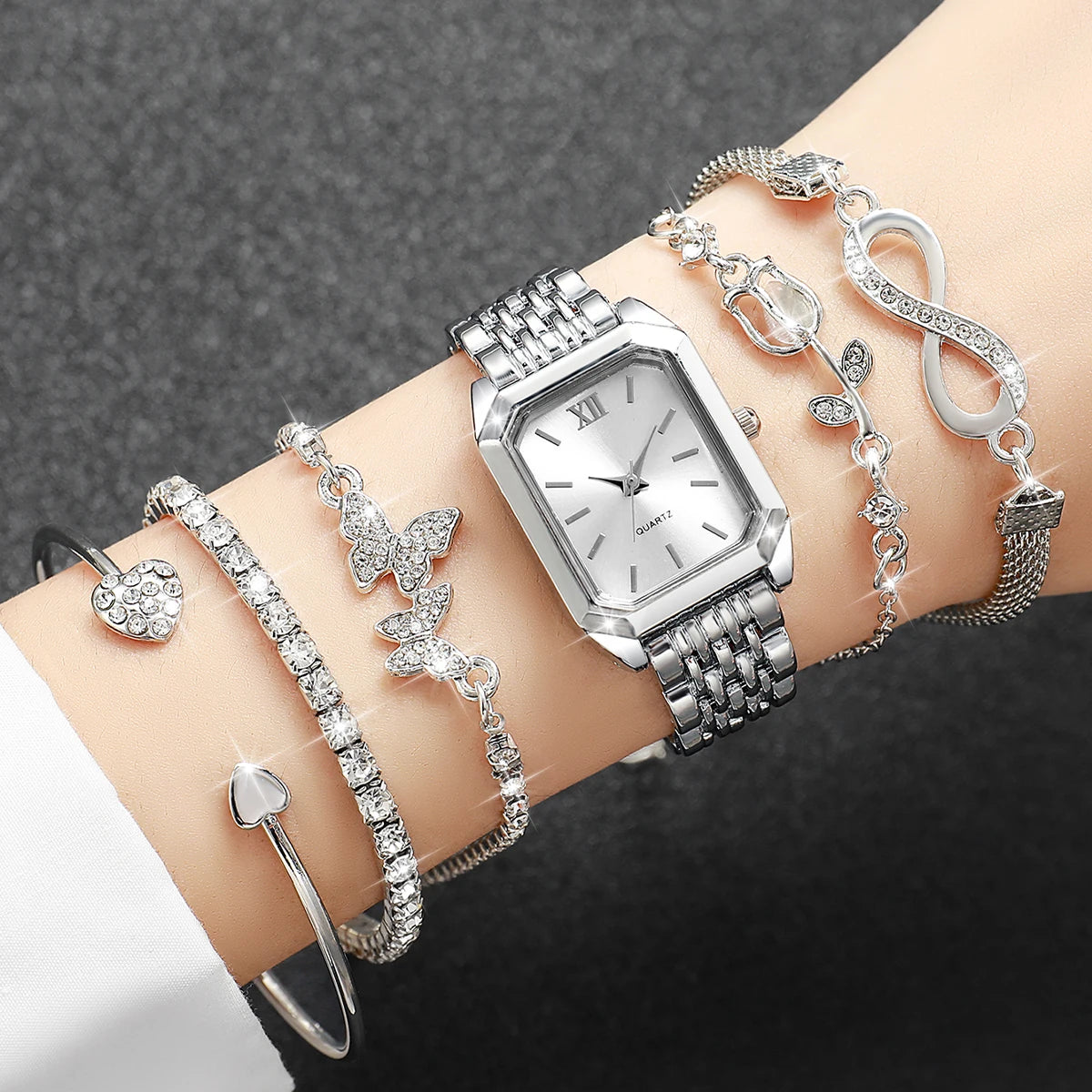 6Pcs/Set Women's Silver Jewelry Watch Set, Square Quartz Watch + 5 Pcs Crystal Bracelets, Elegant Fashion Style Qme Silver White No Box