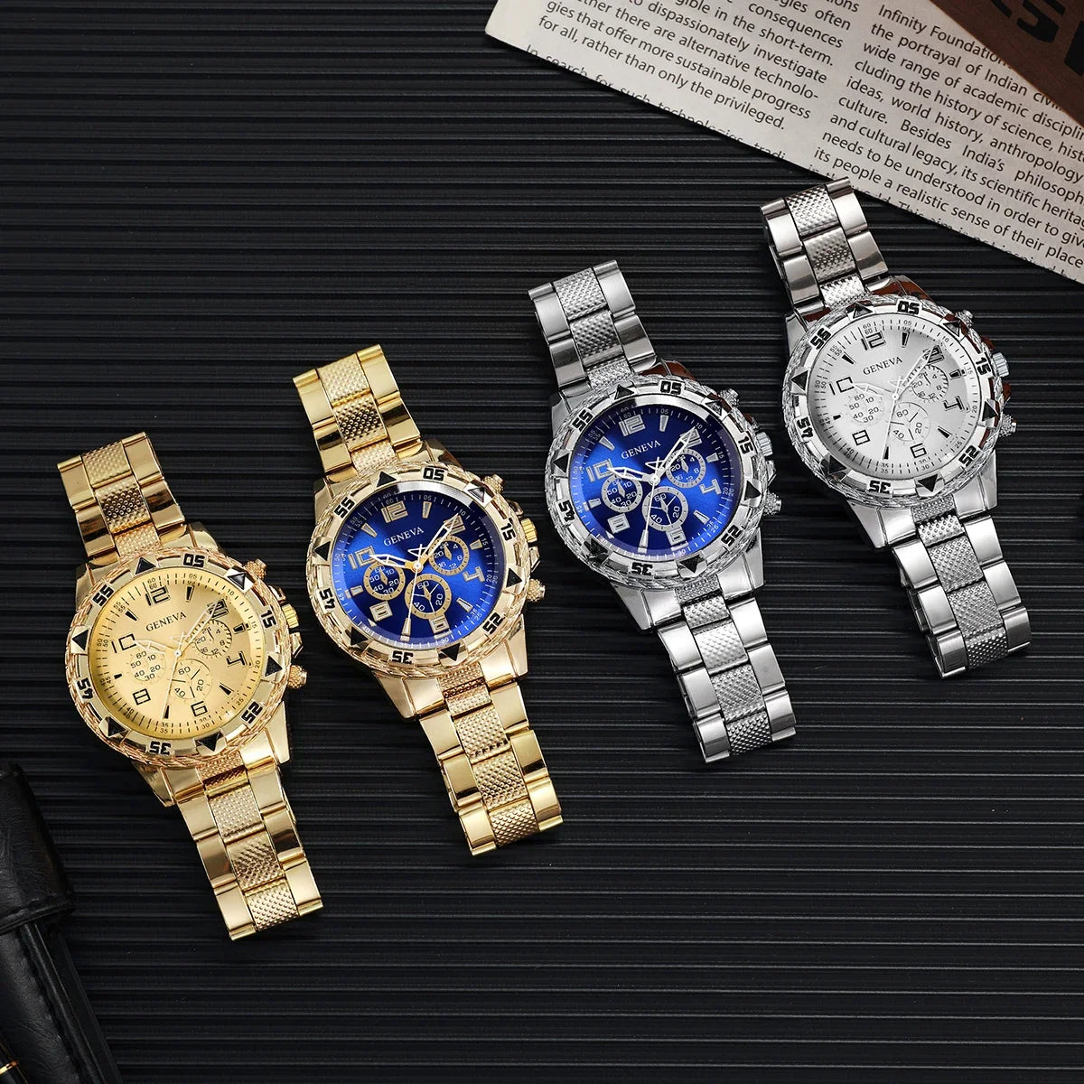 4 Pcs/set Men's Fashion Business Watches Large Display Analog Quartz Watch for Men Watch Gift Men's Watches (Without Box) Qme