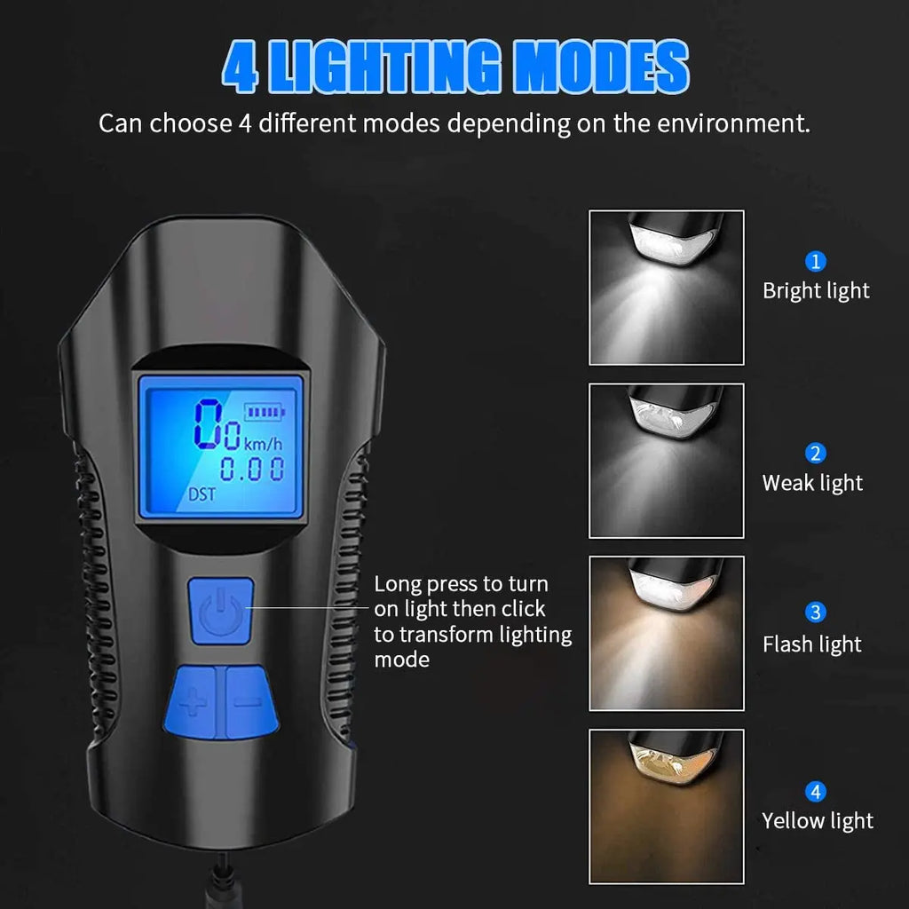 Bike Light Set,Bicycle Headlight with Horn and Speedometer Odometer,USB Rechargeable Bike Front Light and Tail Light Qme